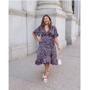Caralyn‎ Mirand The Drop Pink Dot Long Sleeve Navy Pink White Faux Wrap Dress